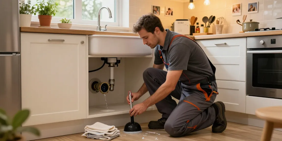 Afvoer verstopt in keuken met loodgieter die de afvoer inspecteert