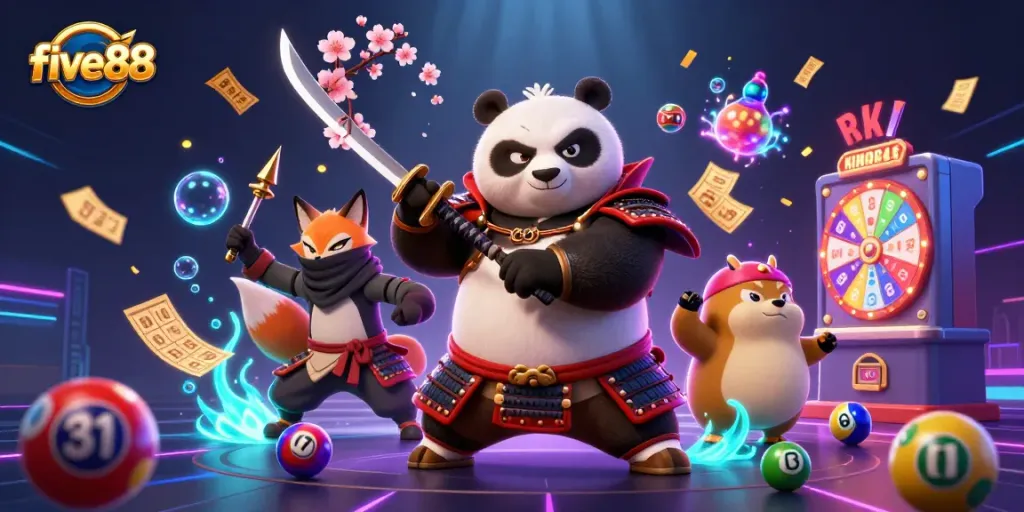 Engaging five88 experience, featuring dynamic characters and vibrant casino elements in a colorful illustration.