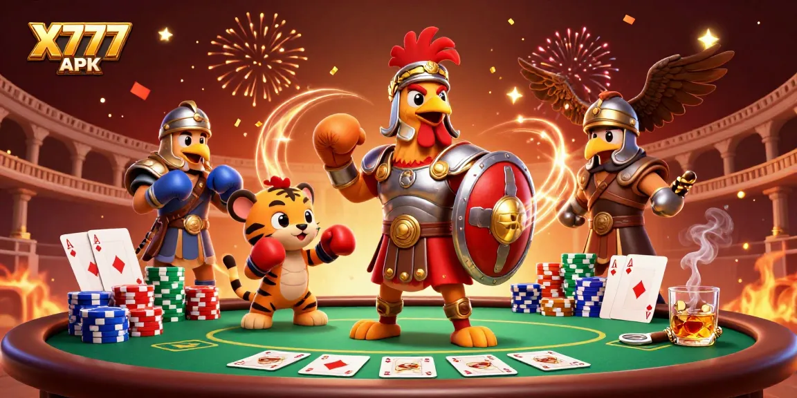 Experience thrilling action with X777 APK in this dynamic 3D illustration of a gladiator rooster.