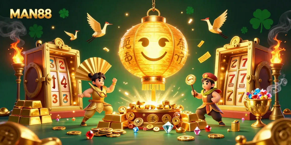Engaging gamers with MAN88's vibrant casino illustration showcasing golden lanterns and slot reels amidst treasures.