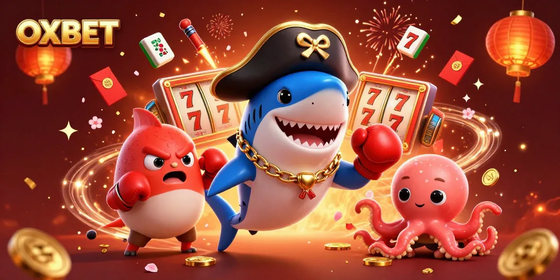 Experience exciting jackpots with OXBET, featuring a pirate shark and friends in a vibrant casino scene.