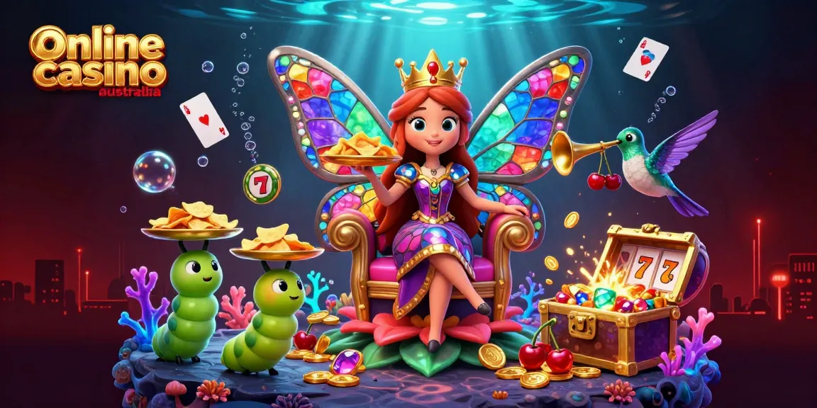 Engage with top online casino australia featured in a vibrant 3D scene with a butterfly queen and gaming elements.