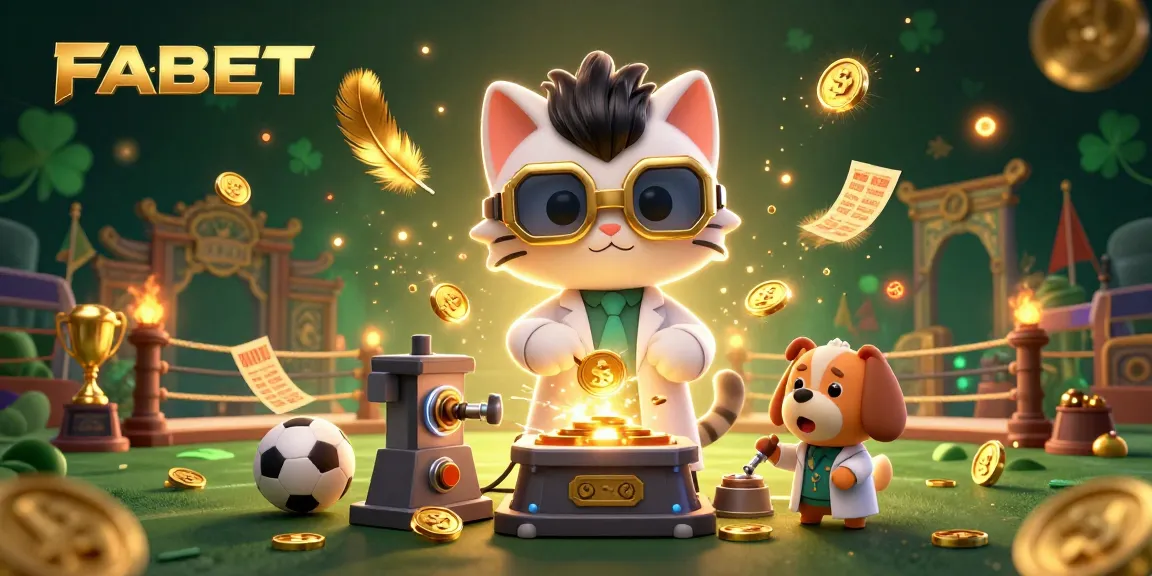 FABET showcases a vibrant scene with a mad scientist cat and dog in a sports betting arena surrounded by gold coins.