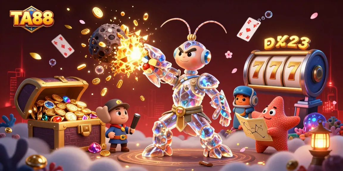 Engage with TA88 while exploring a vibrant casino world filled with gold coins and slot reels.