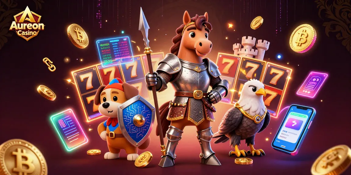 Aureon Casino showcases a dynamic scene with thrilling slot machines, gold coins, and vibrant characters.