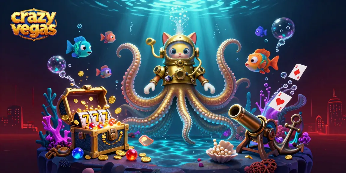 Spin with crazyvegas in a whimsical ocean adventure featuring a kraken and diving cat.