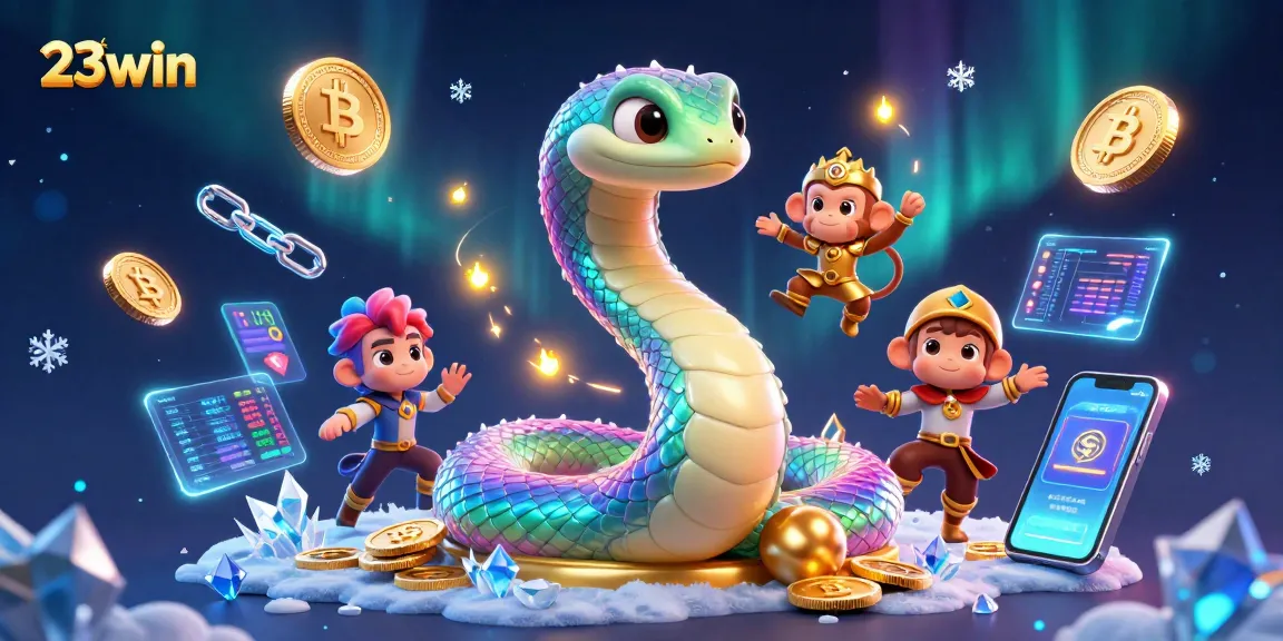 Experience 23win with a magical scene featuring a colorful serpent and crypto elements.